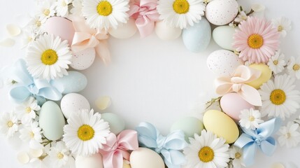 Obraz premium A cheerful Easter wreath made of daisies, eggs, and pastel bows.