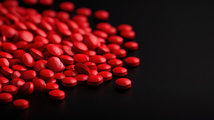 Close up of red pills scattered on dark surface, creating striking visual