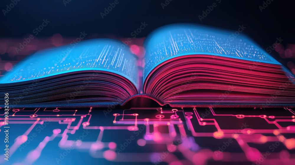 Aufkleber glowing book with digital patterns symbolizes knowledge and technology