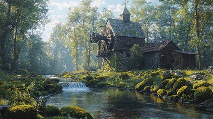 Serene Mill by the River: A picturesque digital painting of a rustic watermill nestled amidst a lush green forest, beside a tranquil river.