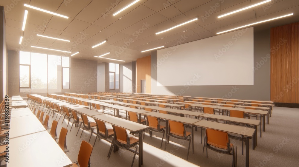 Poster a classroom with rows of chairs and a blank projector screen at the front.