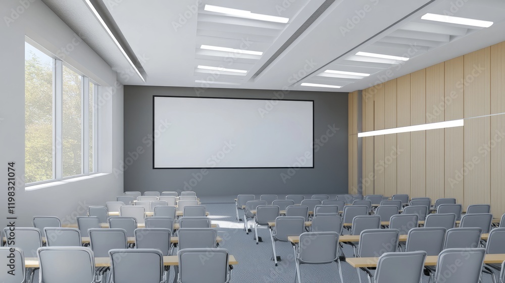 Poster a classroom with rows of chairs and a blank projector screen at the front.
