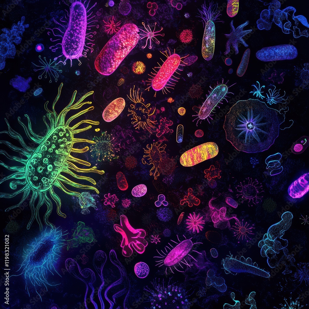 Poster Vibrant array of bacteria and microbes showcasing diversity and complexity in microscopic world. Generative AI