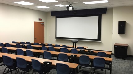 A classroom with rows of chairs and a blank projector screen at the front.