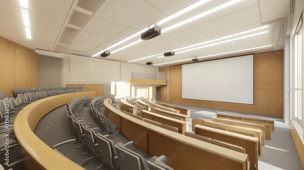 Poster a classroom with rows of chairs and a blank projector screen at the front.
