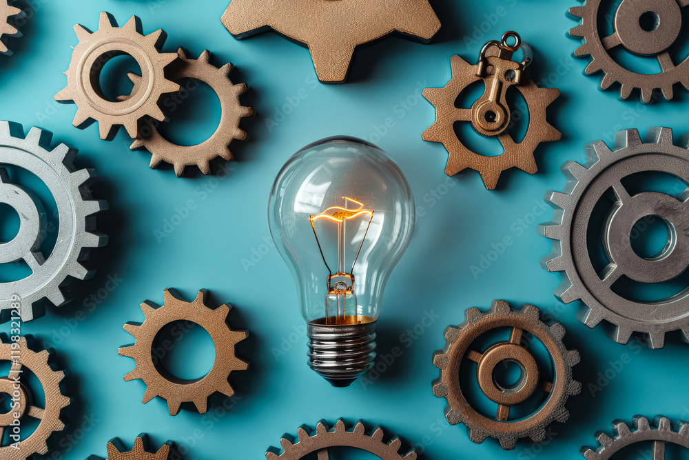 Poster light bulb is surrounded by gears, representing the idea of innovation and progress. scene is one of
