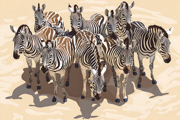 Naklejka premium A group of zebras standing together on a sandy surface.
