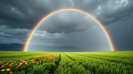 Fototapeta premium A vibrant double rainbow arcs gracefully across a lush green field under brooding, stormy skies, casting a mesmerizing spectrum at eye level