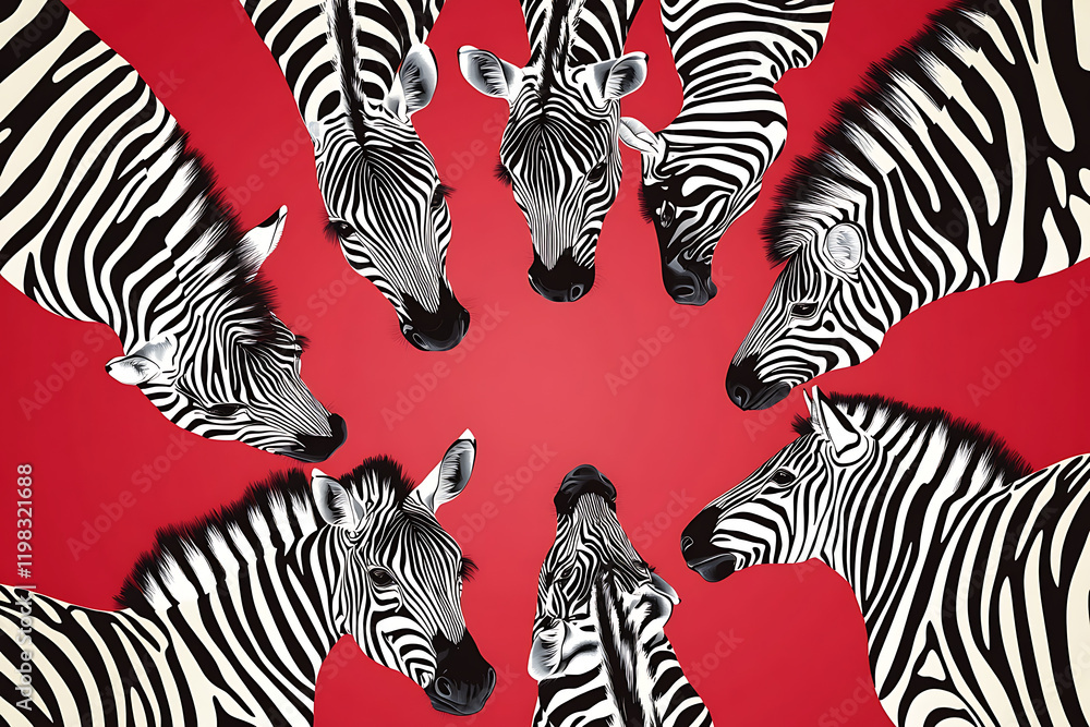Poster a circular arrangement of zebras against a red background, emphasizing their unique patterns.