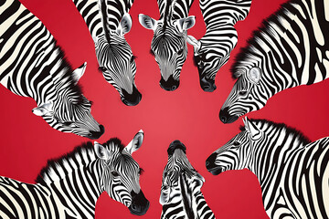 A circular arrangement of zebras against a red background, emphasizing their unique patterns.