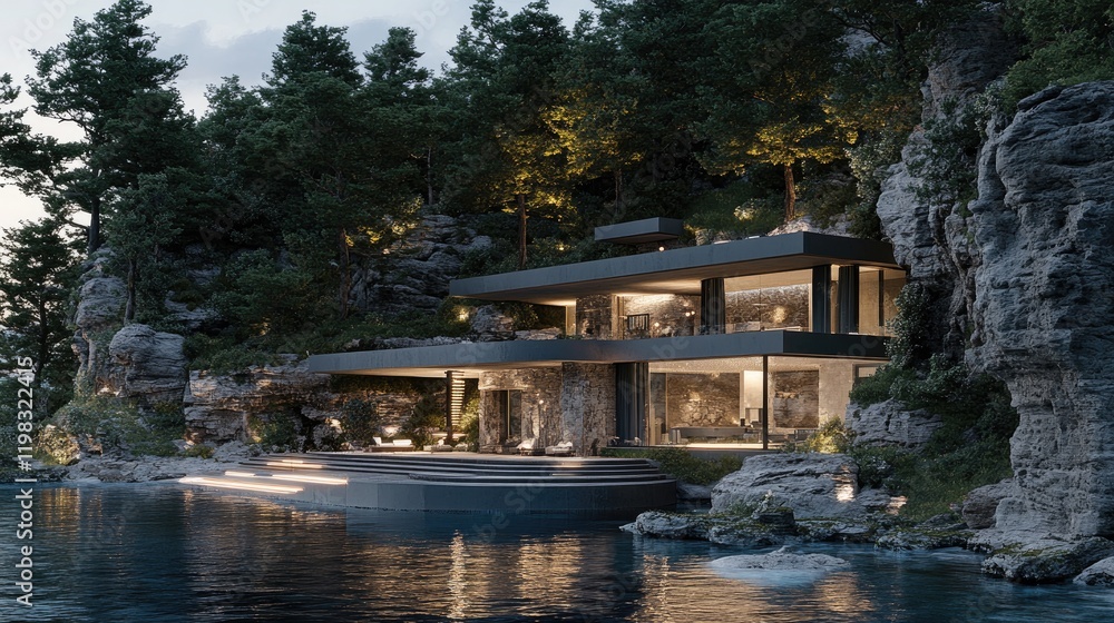 Poster a coastal building with an avant-garde design blending seamlessly with the shoreline.