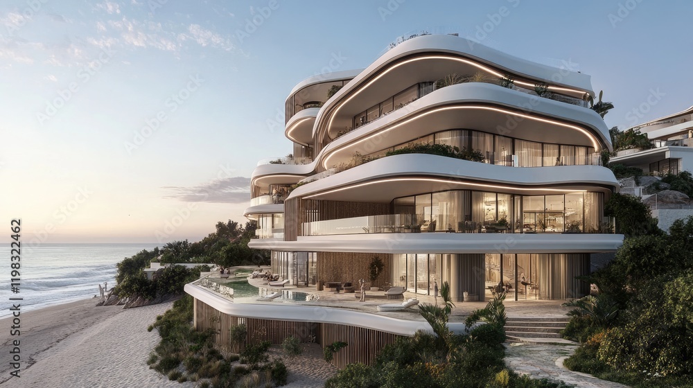 Poster a coastal building with an avant-garde design blending seamlessly with the shoreline.