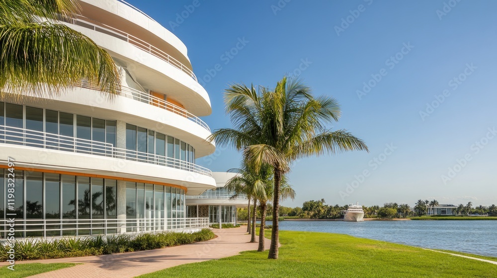 Poster a coastal building with an avant-garde design blending seamlessly with the shoreline.