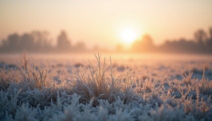Frost-covered grass in rural field, sparkling under winter sunrise, creating a serene atmosphere