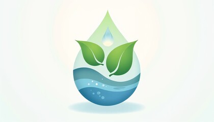 Obraz premium Stylized water conservation symbol featuring green leaves and flowing water on a simple white background