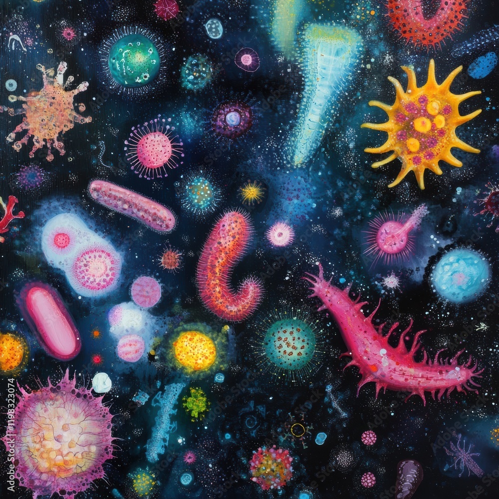 Poster Diverse array of colorful bacteria and microbes interacting in a dark background environment. Generative AI