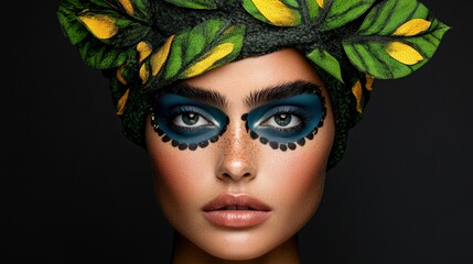 Jungle Queen: A captivating portrait of a woman with intricate butterfly-inspired eye makeup and a lush green and yellow floral crown, radiating a sense of mystery and power against a dark background.