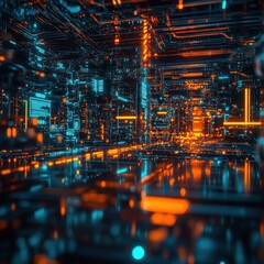 Fototapeta premium Abstract Digital Cityscape: Neon Lights and Reflective Surfaces