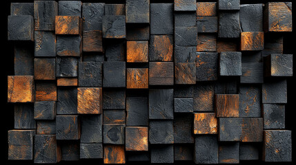 Dark Wooden Cubes Abstract Texture: Geometric Wall Design, Modern Architecture Background