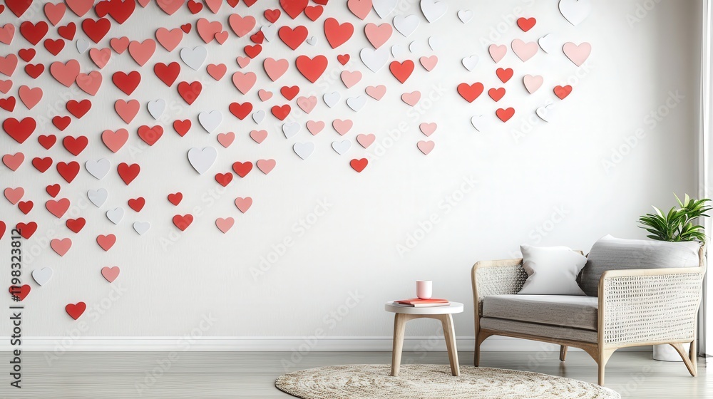 Poster festive wall design with white and red heart paper stickers creating a gradient effect, transitionin
