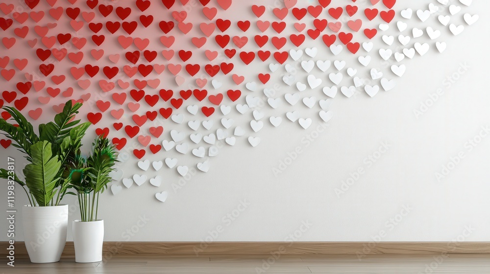 Poster festive wall design with white and red heart paper stickers creating a gradient effect, transitionin