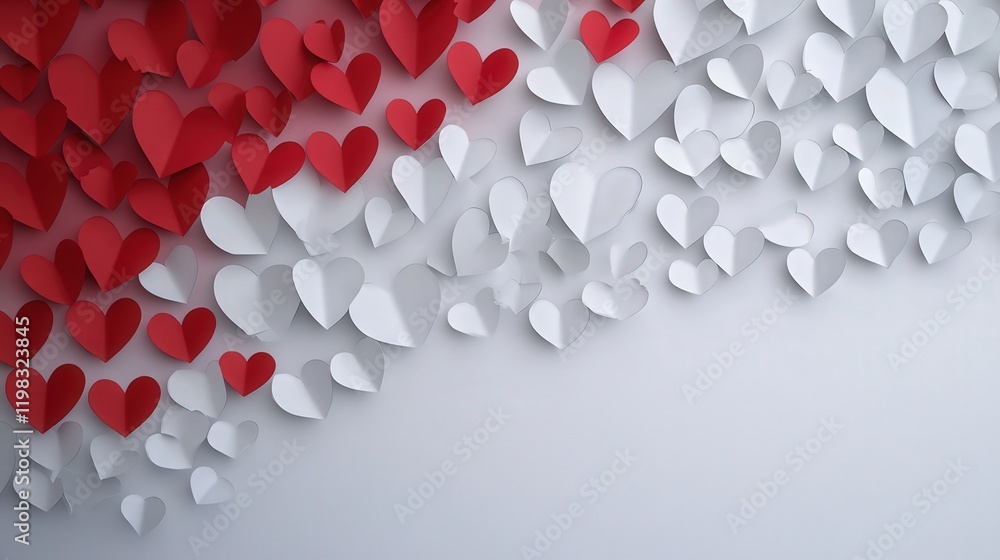 Poster festive wall design with white and red heart paper stickers creating a gradient effect, transitionin