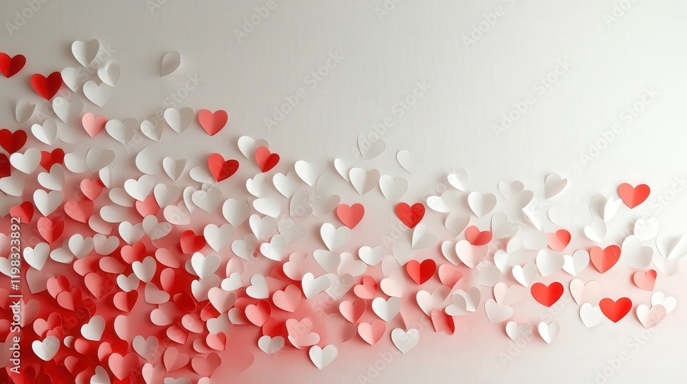 Poster festive wall design with white and red heart paper stickers creating a gradient effect, transitionin