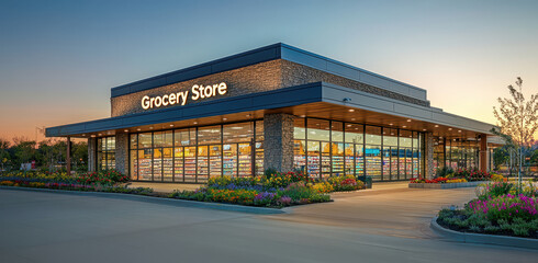 Grocery store exterior with colorful flowers and evening light