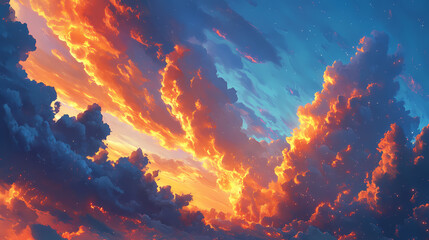 Dramatic blue sky with towering spindrift clouds and vibrant orange hues at sunset, clouds, intense, bold. sundrift. illustration. Sundrift. Illustration