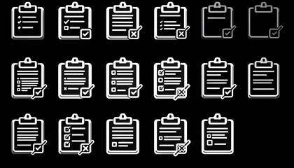 Create a set of clipboard icons in outline style, featuring checkmarks, lists, and crosses, representing tasks and statuses.