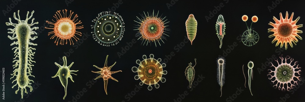 Aufkleber evolving bacteria displayed in a vibrant sequence illustrating transformation and diversity in micro