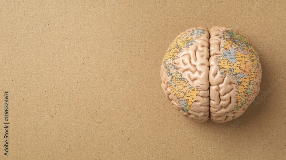 Poster creative representation of brain with world map design, symbolizing knowledge and exploration