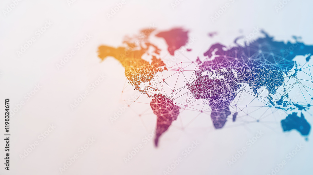 Poster digital world map with colorful network connections and nodes