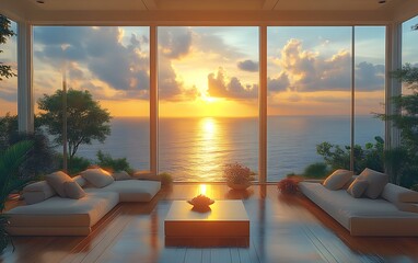 Sunset ocean view from modern living room. (1)