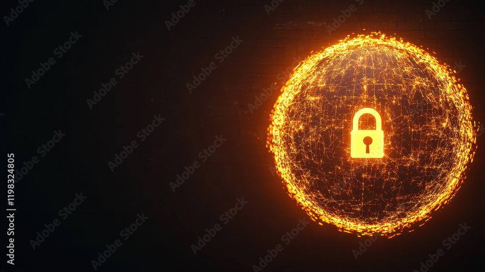 Poster secure digital lock symbol glowing in network sphere, representing cybersecurity