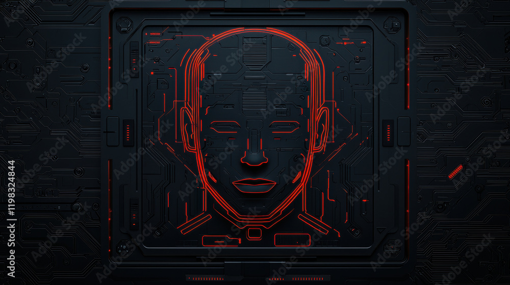 Poster futuristic digital face design with glowing red lines on dark background