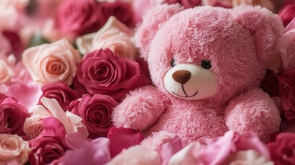 fuzzy pink teddy bear surrounded by roses, with soft petals adding a gentle touch of romance to the heartwarming gift.