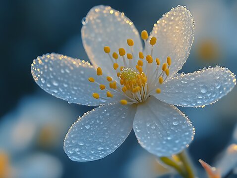 Dew-kissed white flower with yellow center.