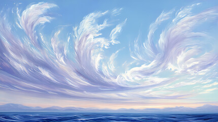Serene blue sky with feathery spindrift clouds and pale lavender hues at dusk, clouds, feathery. sundrift. illustration. Sundrift. Illustration