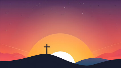 Holy Saturday background with a cross set against a glowing dawn or sunrise. Illustration style.