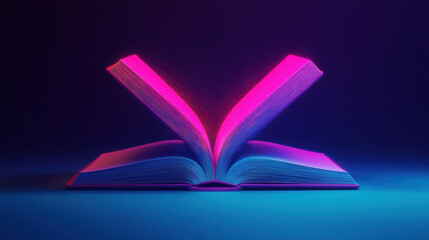 glowing open book with vibrant pink and blue colors, symbolizing knowledge and creativity