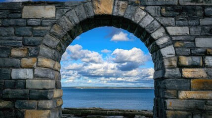 Fototapeta premium A famous stone arch framing a view of the sea and blue sky beyond.