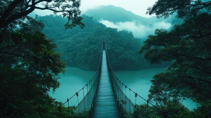 Obraz premium A famous suspension bridge spanning a large river, framed by lush greenery.
