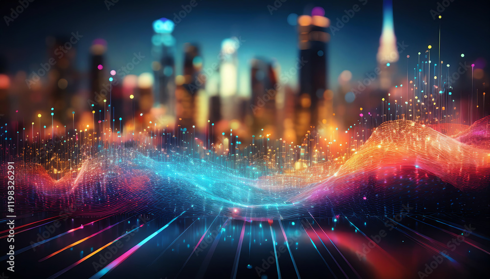 Poster an abstract cityscape featuring vibrant lights and colorful wave patterns, creating a dynamic blend 