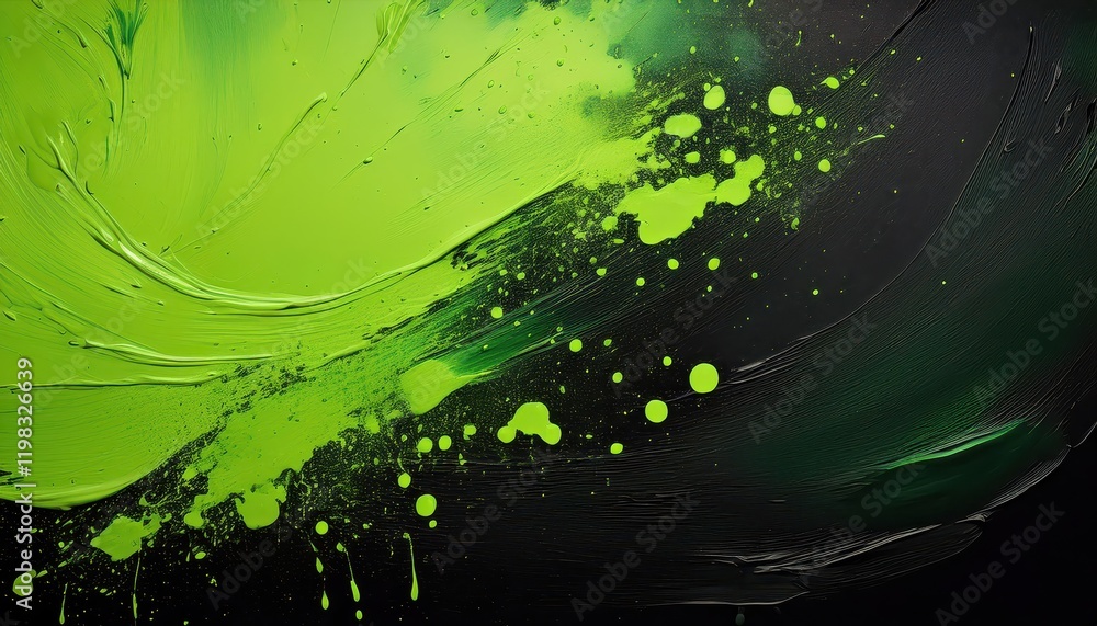 Poster vibrant green and black paint splatter textured background with ample space for personalized text ar