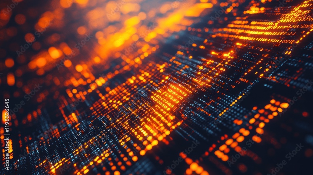 Poster abstract digital data stream: glowing orange and blue binary code in motion