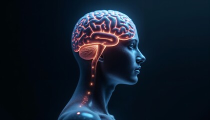 Obraz premium Futuristic human anatomy profile with glowing brain.Innovation. Connection between mind and body. Futuristic technology.Human anatomy. Copy space, banner, innovation, scientific events, medical promot