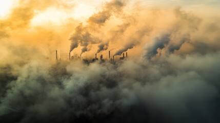 Fototapeta premium Industrial pollution at sunset, smoke stacks obscured by smog.