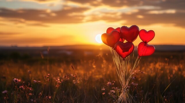 group of red heart-shaped balloons tied together, rising into the air against a warm sunset backdrop