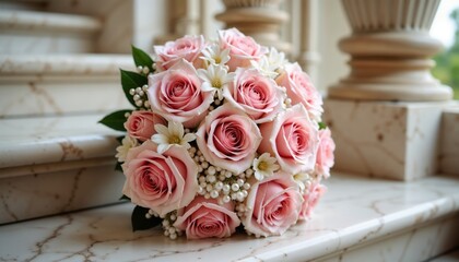 Wedding bouquet of pink roses with white flowers and beads on marble steps. Wedding decor, bridal bouquet, event planning, elegant wedding theme, greeting cards, invitations, luxury design.